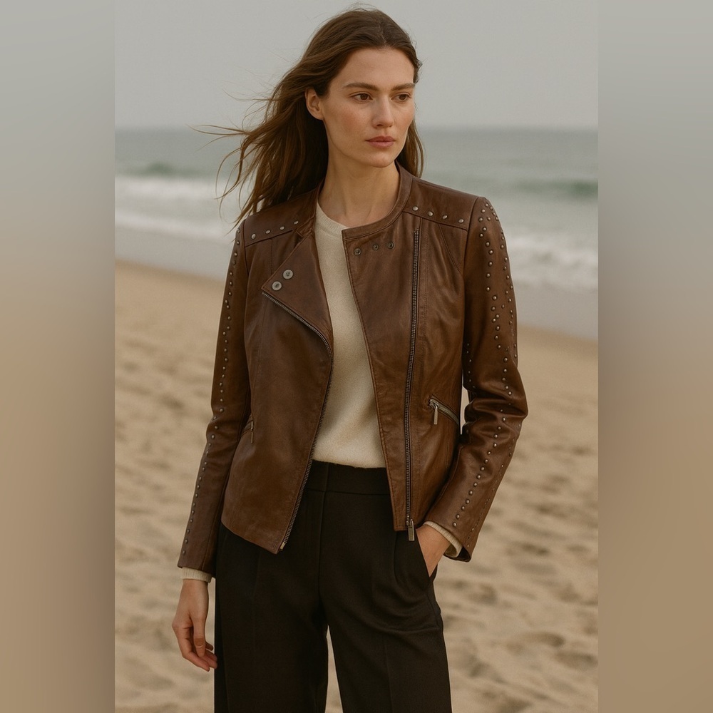 Adrienne Landau Brown 100% Leather Jacket with Studs Western Coastal Chic